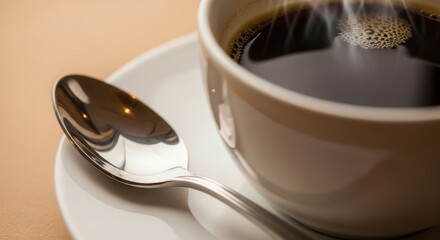 Close up of a cup of dark coffee with steam and a silver spoon on a white saucer on a beige surface