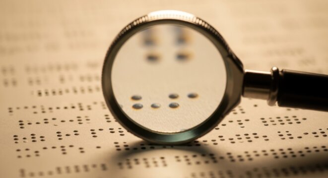 A close up of braille text under a magnifying glass for accessibility and inclusion purposes shown