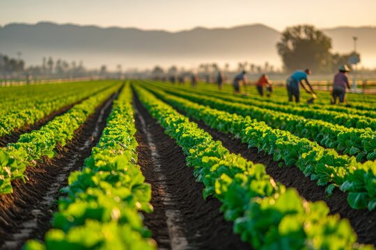 A picturesque view of rows of lettuce being harvested in a rural farmland setting, with farmworkers tending to the crops under the morning sun and distant mountains.
