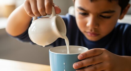 A young boy carefully pouring fresh milk from a small white pitcher into a blue ceramic mug at the table