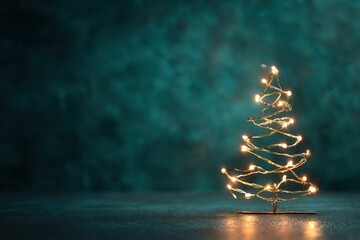 String fairy lights shaped like a Christmas tree glowing on dark green textured background