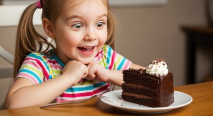 A girl with pigtails looking excitedly at a slice of chocolate cake with whipped cream on a white plate