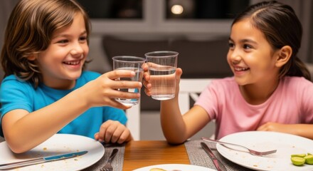 Two smiling children toasting with glasses of water at the dinner table after finishing their meal