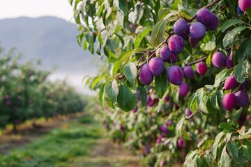 Close-up of ripe plums on a tree branch in an orchard, ready to harvest, with green foliage and a blurred background featuring rows of plum trees and distant hills.