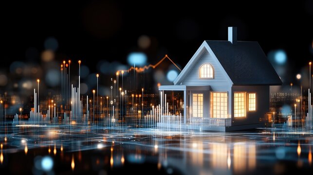 Two people converse at a sophisticated meeting table, analyzing financial graphs alongside a model house, emphasizing luxury real estate