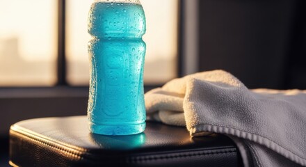 A blue sports drink bottle with condensation and a white towel on a black surface near a window