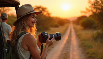 Happy woman photographer holding pro camera on african safari trip. Smiling girl watches wildlife from car on game drive. Tourist explores savanna nature at sunset, enjoying wild adventure, travel
