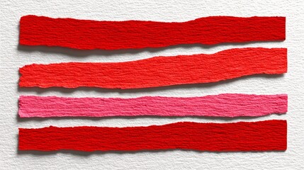 Red ribbon with pink stripes is shown. The ribbon is cut into four pieces, and the red color is prominent throughout the image. The ribbon appears to be a part of a larger piece of art