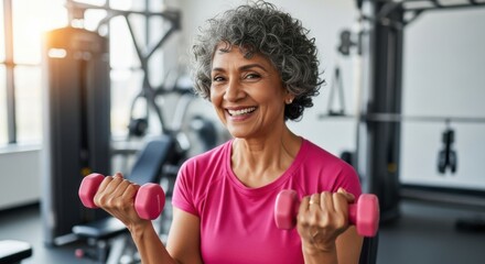 Smiling woman in pink shirt lifting pink dumbbells at the gym with exercise equipment in background