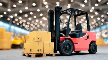 Forklift is parked in a warehouse with boxes stacked on pallets. The forklift is red and yellow, and it is surrounded by boxes of various sizes. Concept of productivity and organization