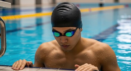 Swimmer in black cap and goggles at the edge of a pool looking down with water droplets on skin