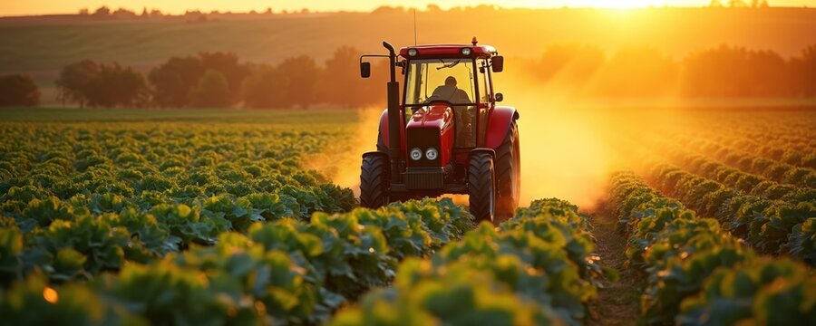 Red tractor drives over field with green cabbage plants at sunset. Farmer works on farm, harvesting crop. Sunlight creates dust clouds. Rural landscape with agriculture.