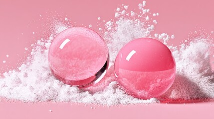 Two pink pills are on top of a pile of white powder. The pills are clear and shiny, and the powder is white and fluffy. Concept of calm and serenity, as the pills