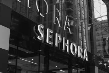 Obraz premium black and white representation of building facade and sign of SEPHORA, a cosmetics store, located here at 77 Bloor St W, Unit 1, Toronto