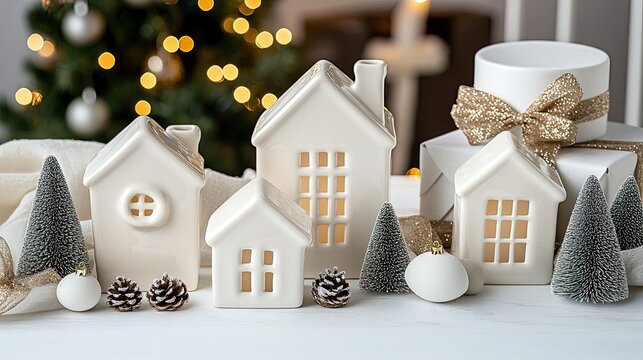 White ceramic houses and Christmas trees adorn the windowsill, illuminated by warm lighting amidst a charming Christmas decor setting