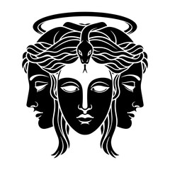 Mysterious threefaced goddess with a snake on her head and a halo