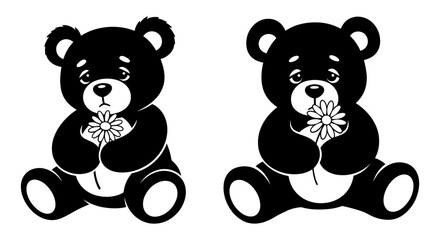 Two cute teddy bears holding a flower black and white vector illustration of a teddy bear