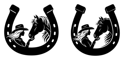 Silhouette of a cowgirl and horse in a horseshoe, symbolizing the bond between humans and animals