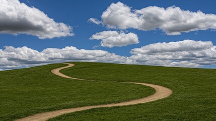 Obraz premium A winding dirt bike track traverses a lush green hill, showcasing the beauty of outdoor motorsport under a bright blue sky