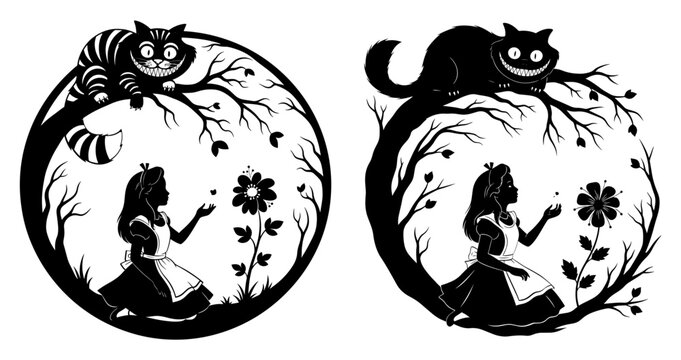 Alice in wonderland silhouette with cheshire cat on tree, vector illustration for plotter cutting