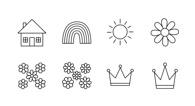 Simple line drawings of a house rainbow sun flowers and crowns