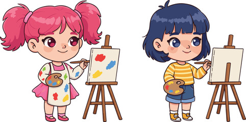 Cute little girls painting on canvas with colorful palette, creative children artists drawing artwork, kids art education concept illustration