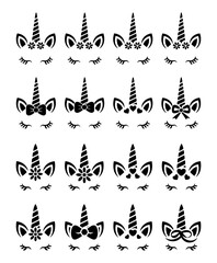 Collection of unicorn faces with different floral and bow decorations cute unicorn head silhouettes © msmdesign