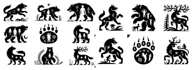 Set of black and white animal silhouettes with forest and human figures