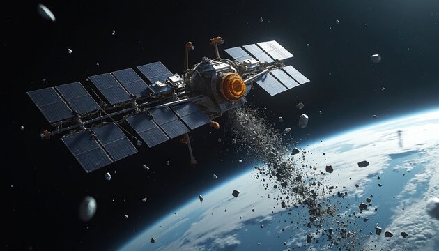 Futuristic satellite actively cleans up space debris near Earth. Advanced spacecraft collects cosmic trash from orbit, protecting planet from hazards. Mission ensures vital safer travel, sustainable