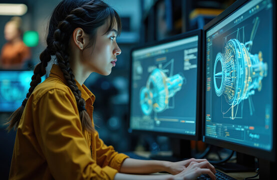 Focused asian woman engineer works at computer with dual monitors in modern lab. Female designer develops complex 3D model of new engine. Pro technician types on keyboard analyzing mechanical