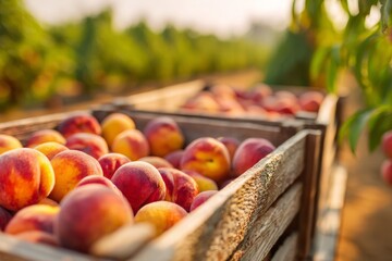 A crate overflowing with ripe, juicy peaches at golden hour, creating a warm and inviting scene, ideal for summer harvest or healthy eating concepts.