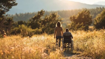A serene and heartwarming outdoor scene unfolds as a compassionate individual assists a person in a wheelchair along a sun-drenched dirt path. Bathed in the soft, warm glow of either sunrise or sunset