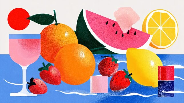 Colorful drawing of a fruit platter with a glass of wine and a bottle of liquor. Scene is cheerful and inviting, with the fruits and drinks suggesting a relaxed and enjoyable atmosphere