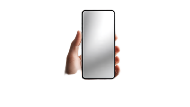 A hand holding a modern smartphone with a blank screen against a black studio background image view