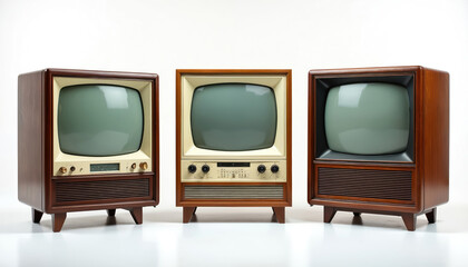 Three vintage CRT televisions with wooden frames stand side by side. These classic cathode ray tube sets represent mid-20th century home entertainment technology.
