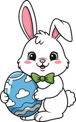 Cute Easter bunny holding decorated egg, festive spring holiday illustration, happy rabbit cartoon character, colorful seasonal design, joyful celebration artwork