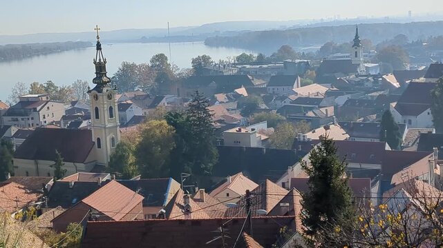 Zemun, view from Gardo&scaron; hill, panorama, morning, bell calls. Belgrade, Serbia.