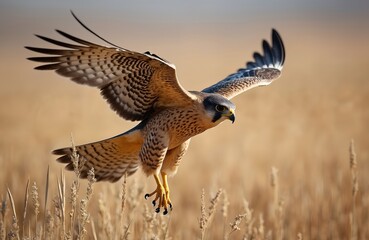 Fototapeta premium Peregrine falcon in flight. Bird spreads its wings with yellow grass background. Hawk hunts in wild. Falcon lands feet first, ready to catch its prey. Predatory bird portrait.