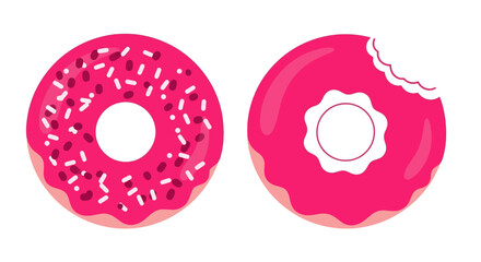 Two pink donuts one whole and one with a bite taken out