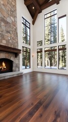 Fototapeta premium Luxurious living room features a cozy stone fireplace, built-in cabinets, and breathtaking views of snowy mountains through large windows