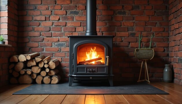 Cozy wood burning stove with fire in rustic living room interior. Fireplace heats house against brick wall. Stacked firewood on wooden floor for winter warmth. Comfy hygge home design creating