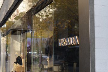 Fototapeta premium facade and sign outside Prada, a clothing store, located at 131 Bloor St W, Unit 105, Floor 1, The Colonnade on Bloor, Toronto