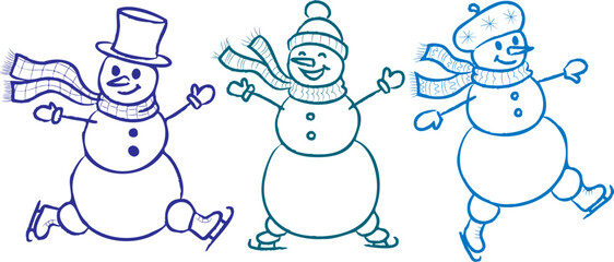 set of three funny hand drawn outline snowmen icons in hats scarves and skates isolated on white background christmas winter holiday greeting card elements