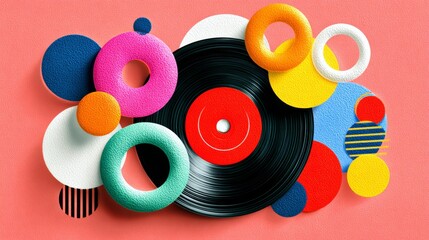 Colorful album cover with a black record on it. The album cover is a collage of different colored circles and the record is the center of attention