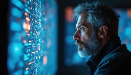 Man with grey beard looks at glowing digital data screen. He studies complex network system or code. Person analyzes future tech, information flow, cyber world.