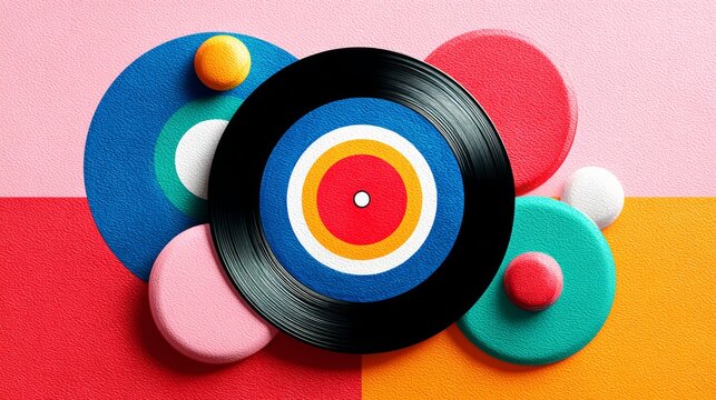 Colorful design of a record with a black center. The record is surrounded by colorful balls and circles. The design is playful and fun, with a sense of nostalgia for the past