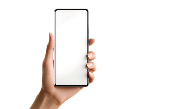 Hand holding a blank white smartphone screen against a dark background in a vertical shot