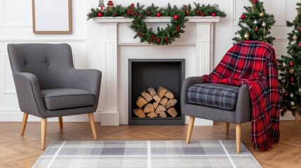 Fototapeta premium A Christmas-decorated Scandinavian living room features a warm fireplace, a comfy chair with a blanket, and a festive garland
