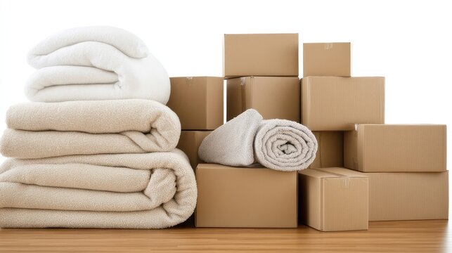 Empty moving truck interior shows boxes neatly stacked with folded blankets in the foreground, ready for relocation