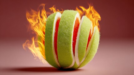 Green tennis ball with red stripes is surrounded by flames. Concept of danger and excitement, as the ball is being consumed by the fire